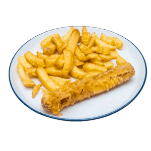 Battered Sausage Fish and Chips Nuneaton NO BACKGROUND (1) Gluten Free at Toppers Nuneaton